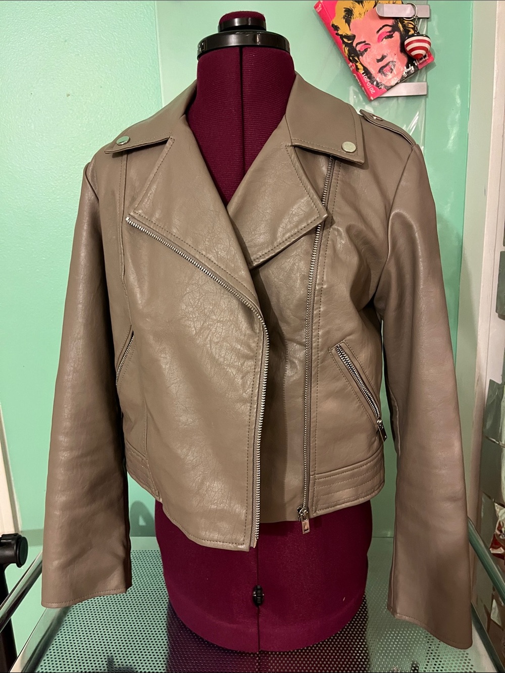Taupe Women's Faux Leather Moto Jacket Medium Mark Alan